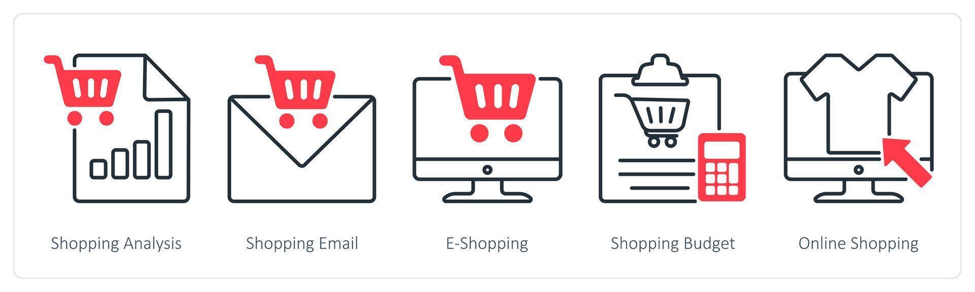 A set of 5 Shopping icons as shopping analysis, shopping email, e-shopping vector