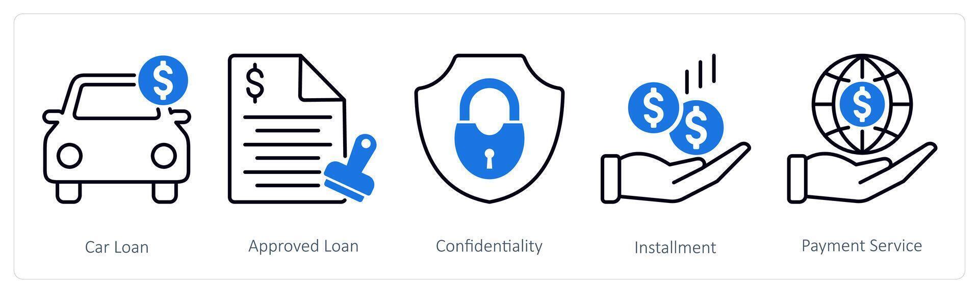 A set of 5 Banking icons as car loan, approved loan, confindentiality vector