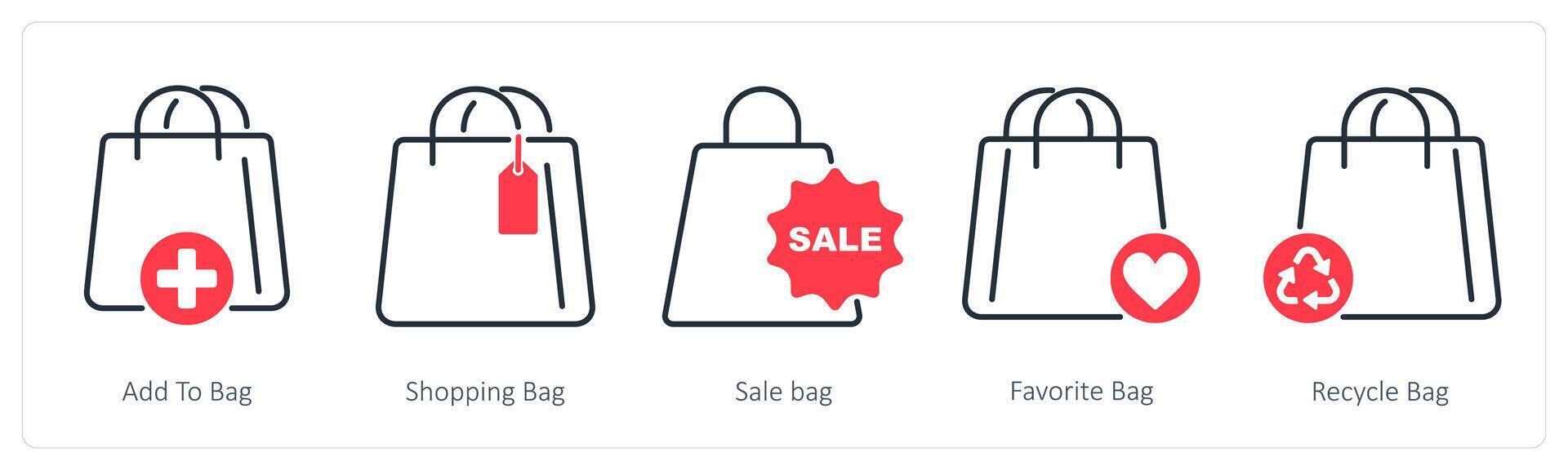 A set of 5 Shopping icons as add to bag, shopping bag, sale bag vector