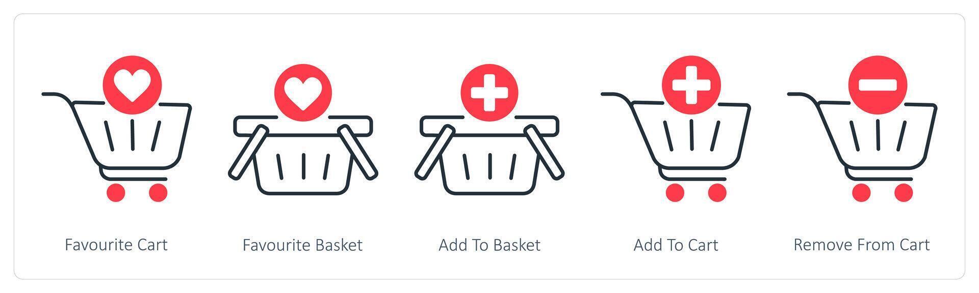 A set of 5 Shopping icons as favorite cart, favorite basket, add to basket vector