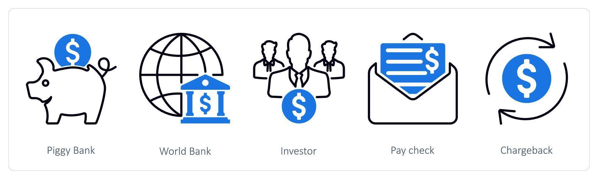 A set of 5 Banking icons as piggy bank, world bank, investor vector