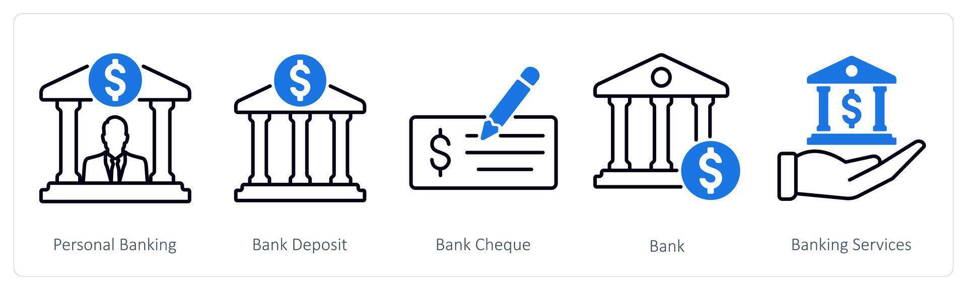 A set of 5 Banking icons as personal banking, bank deposit, bank cheque vector