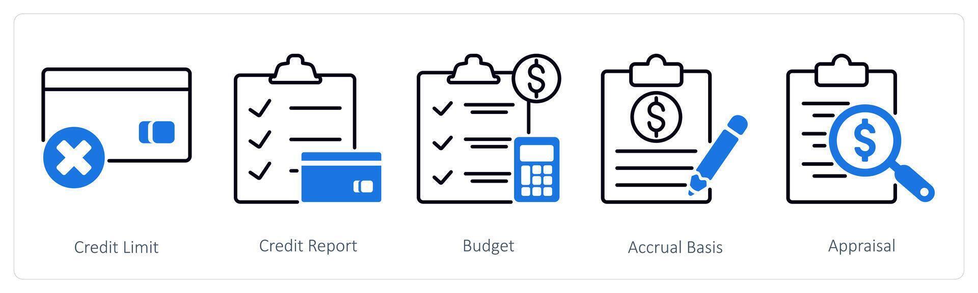 A set of 5 Banking icons as credit limit, credit report, budget vector
