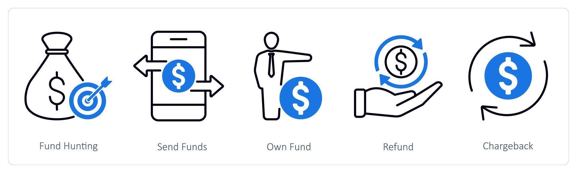 A set of 5 Banking icons as fund hunting, send funds, own funds vector
