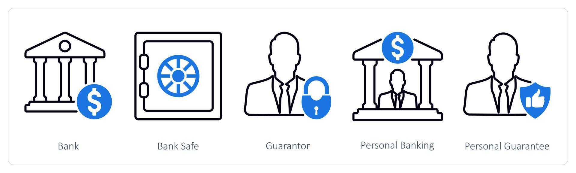 A set of 5 Banking icons as bank, bank safe, gurantor vector
