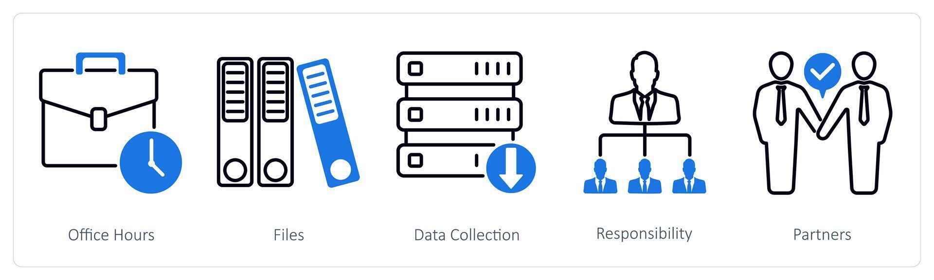 A set of 5 Business and Office icons as office hours, files, data collection vector