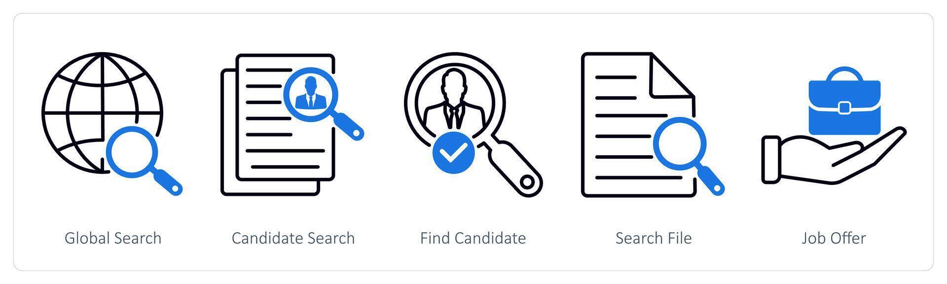 A set of 5 Business and Office icons as global search, candidate search, find candidate vector