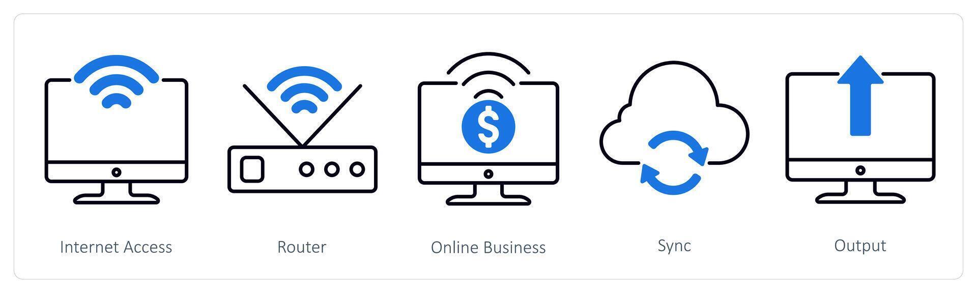 A set of 5 Business and Office icons as internet access, router, online business vector