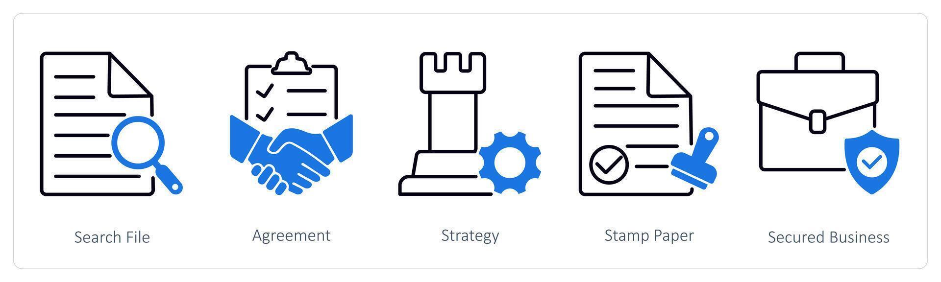 A set of 5 Business and Office icons as search file, agreement, strategy vector