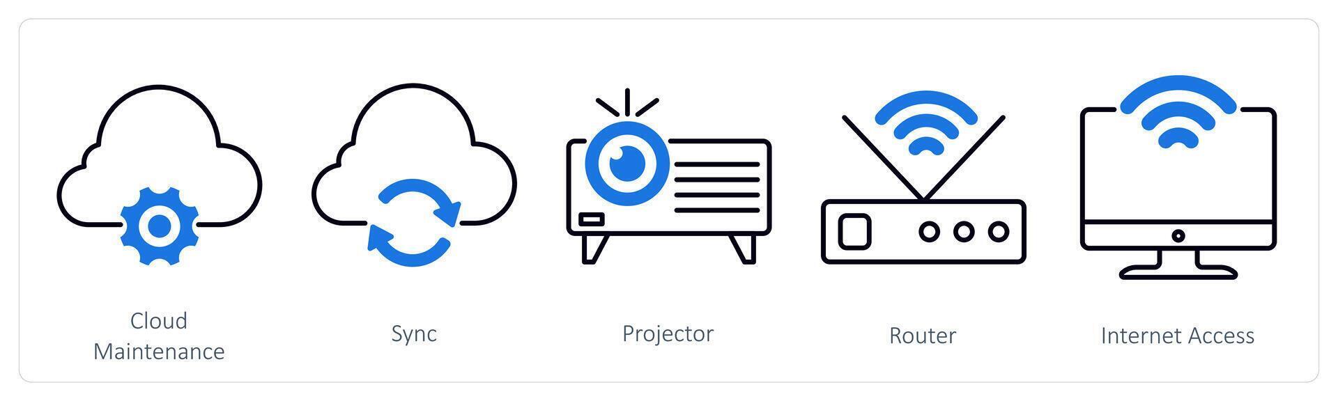 A set of 5 Business and Office icons as cloud maintenance, sync, projector vector