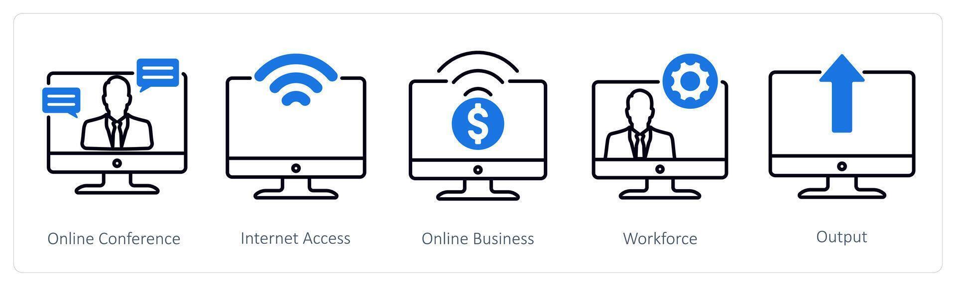 A set of 5 Business and Office icons as online conference, internet access, online business vector