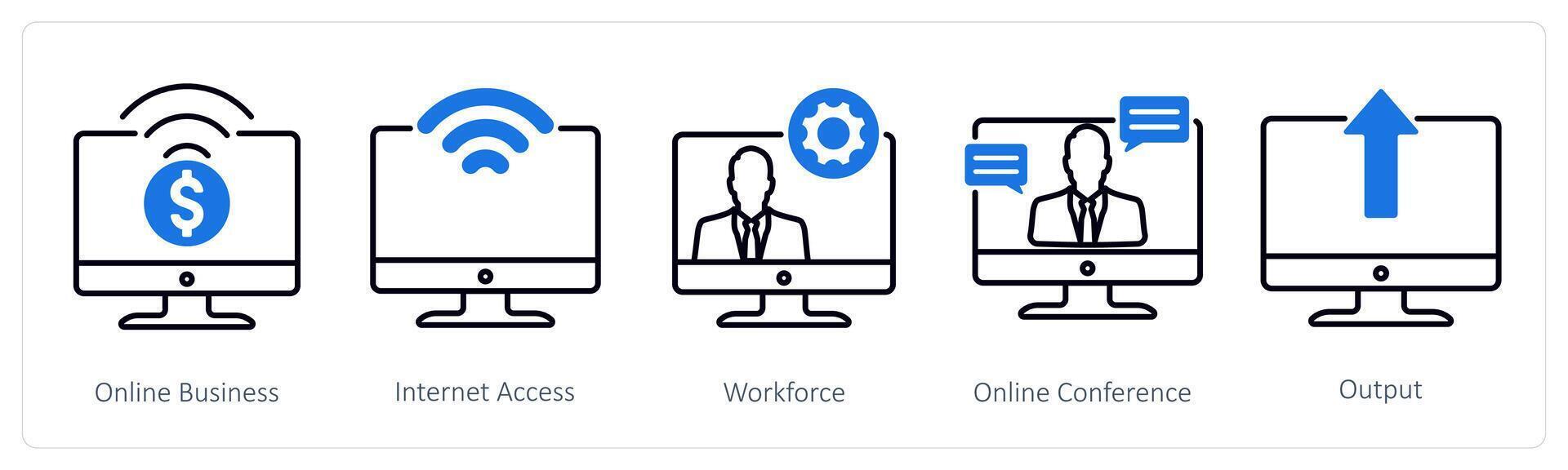 A set of 5 Business and Office icons as online business, internet access, workforce vector
