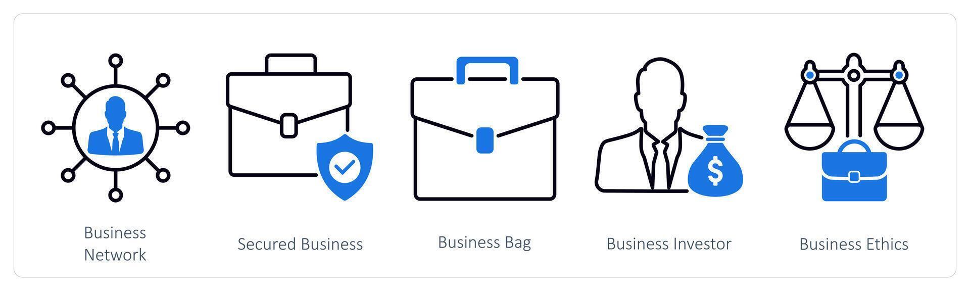 A set of 5 Business and Office icons as business network, secured business, business bag vector