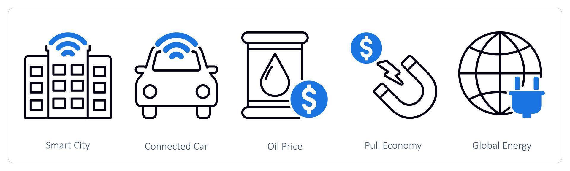 A set of 5 Industrial icons as smart city, connected car, oil price vector