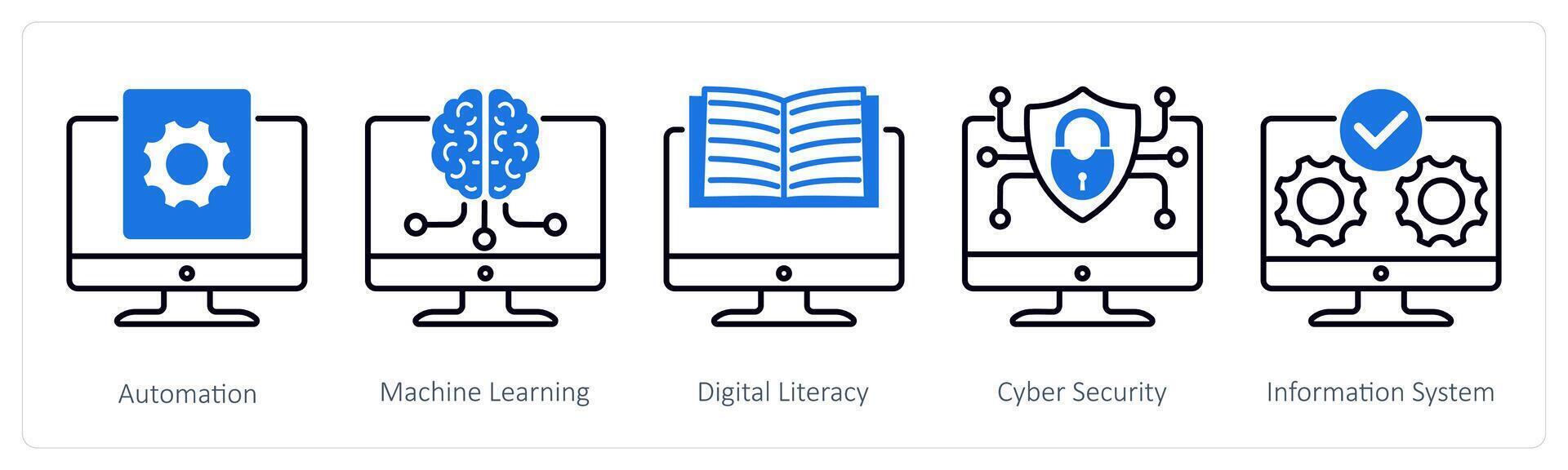 A set of 5 Industrial icons as automation, machine learning, digital literacy vector