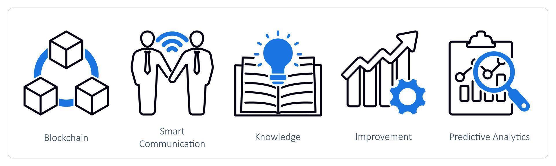 A set of 5 Industrial icons as blockchain, smart communication, knowledge vector