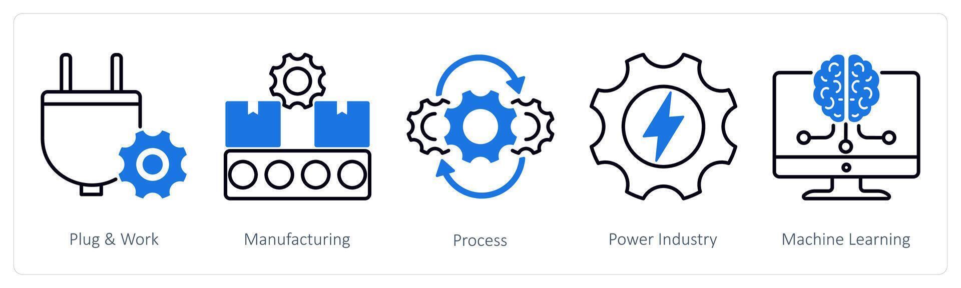 A set of 5 Industrial icons as plug and work, manufacturing, process, power industry vector