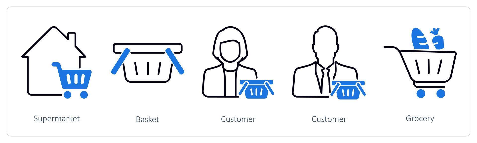 A set of 5 Shopping icons as supermarket, basket, customer vector