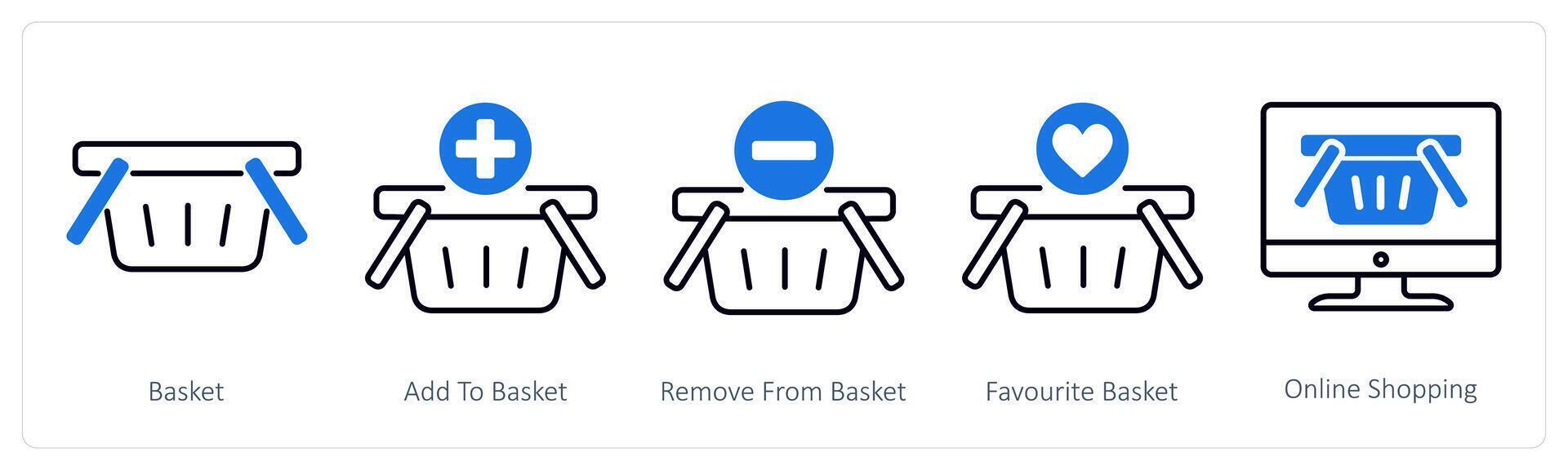 A set of 5 Shopping icons as basket, add to basket, remove from basket vector