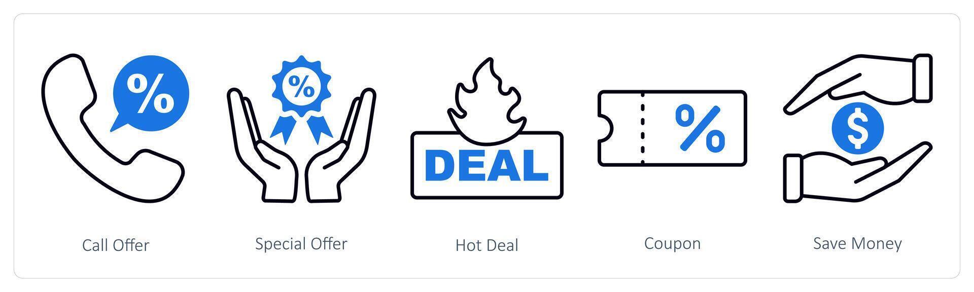 A set of 5 Shopping icons as call offer, special offer, hot deal vector