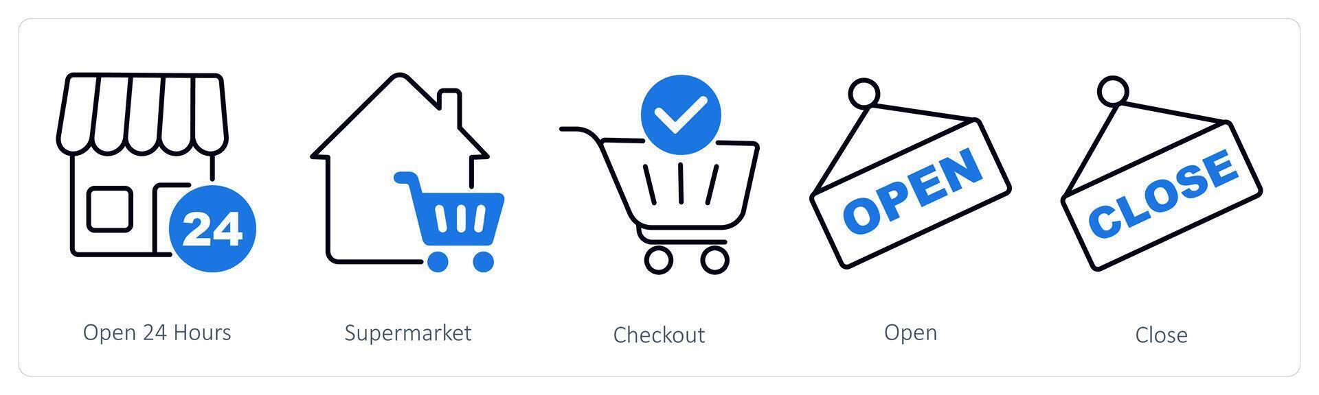 A set of 5 Shopping icons as open 24 hours, supermarket, checkout vector