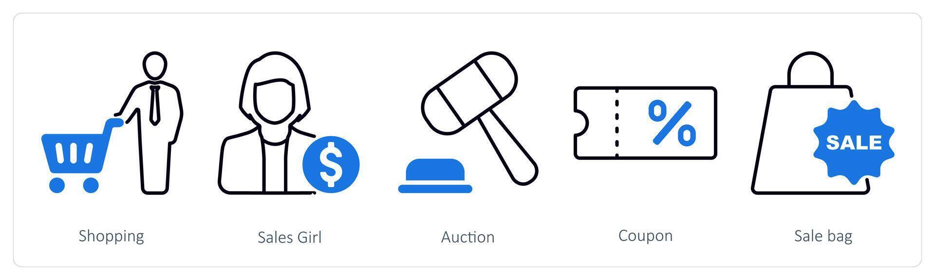 A set of 5 Shopping icons as shopping, sales girl, auction vector