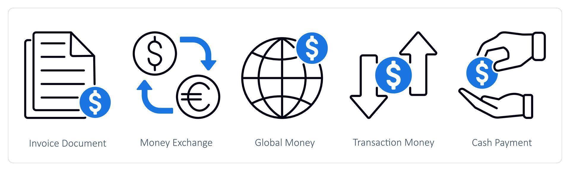 A set of 5 Shopping icons as invoice document, money exchange, global money vector