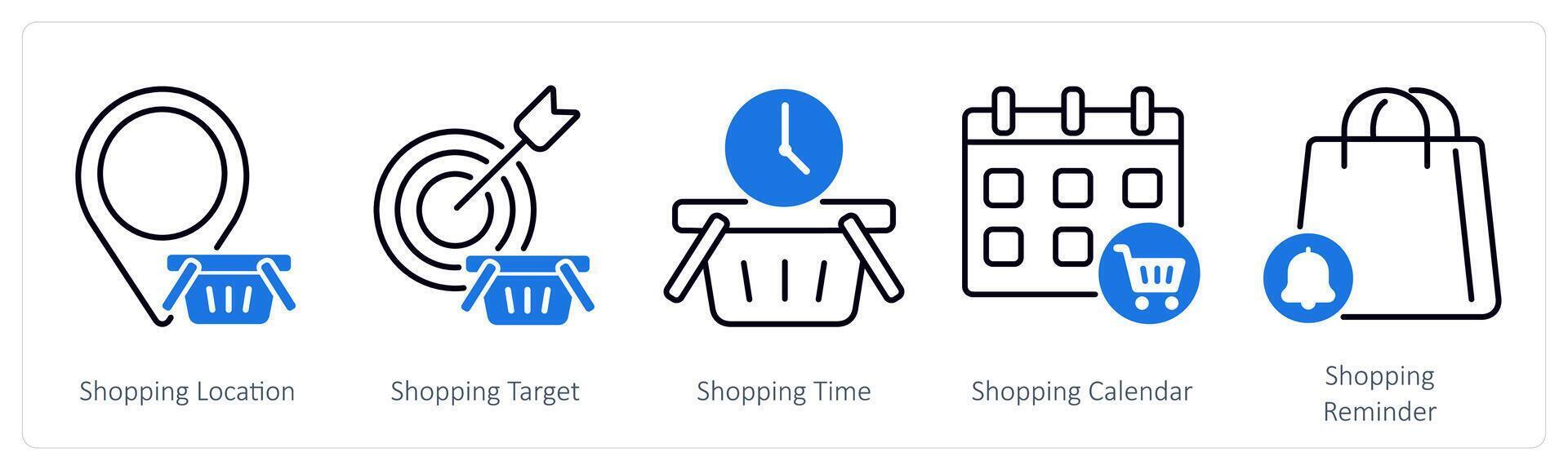 A set of 5 Shopping icons as shopping location, shopping target, shopping time vector