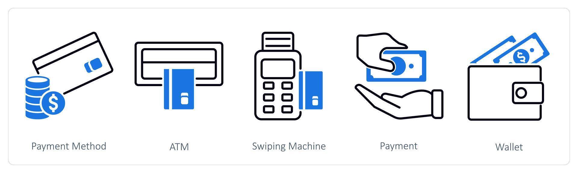 A set of 5 Shopping icons as payment method, atm, swiping machine vector