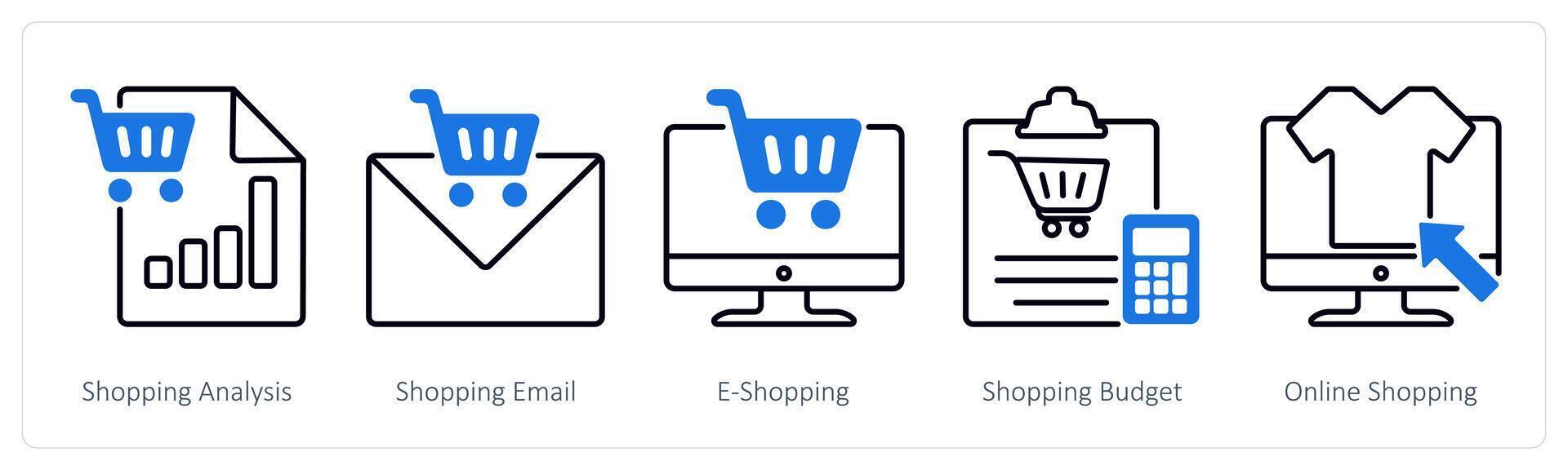 A set of 5 Shopping icons as shopping analysis, shopping email, e-shopping vector