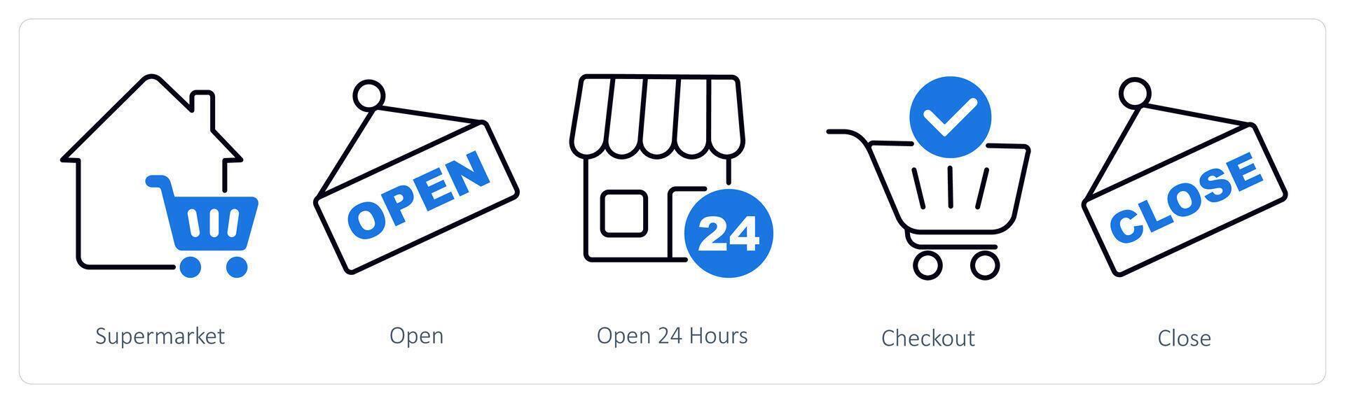 A set of 5 Shopping icons as supermarket, open, open 24 hours vector