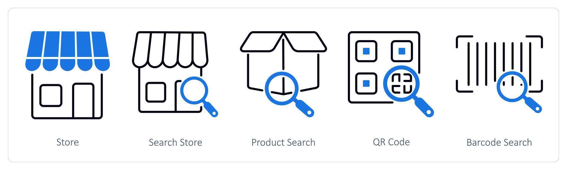 A set of 5 Shopping icons as store, search store, product search vector