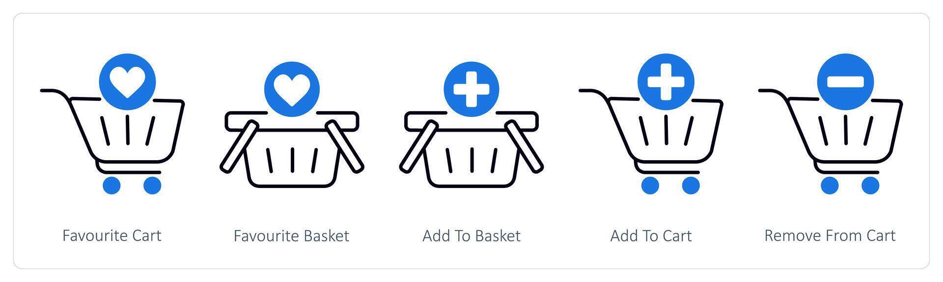 A set of 5 Shopping icons as favorite cart, favorite basket, add to basket vector
