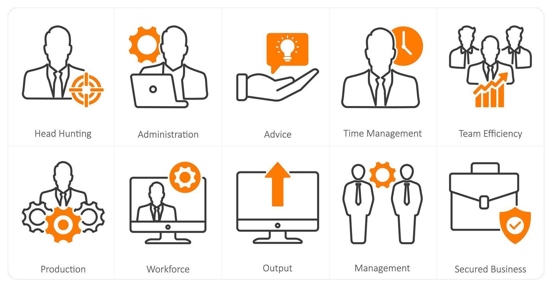 A set of 10 mix icons as head hunting, administration, advice vector
