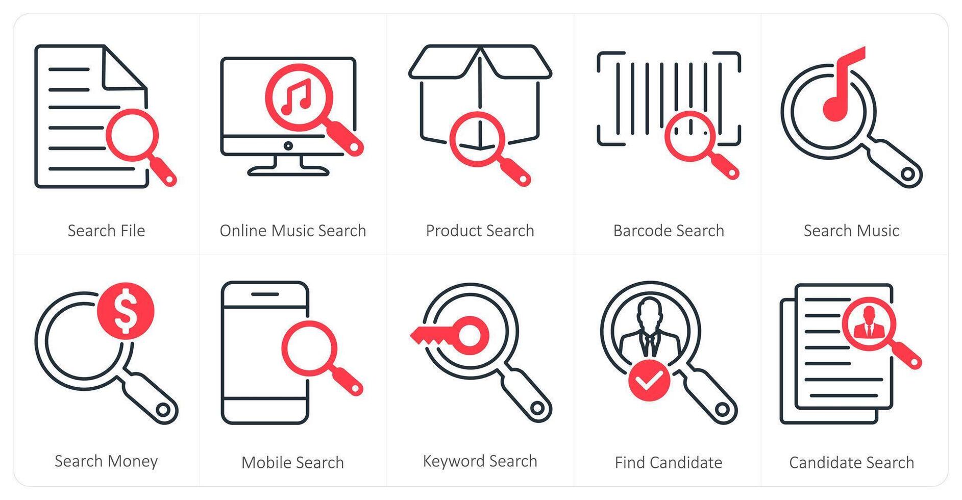 A set of 10 mix icons as search file, online music search, product search vector