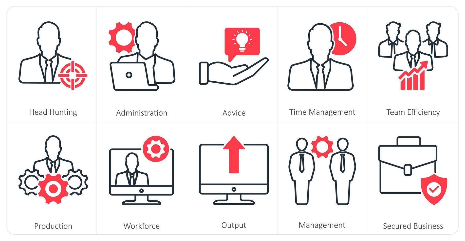 A set of 10 mix icons as head hunting, administration, advice vector