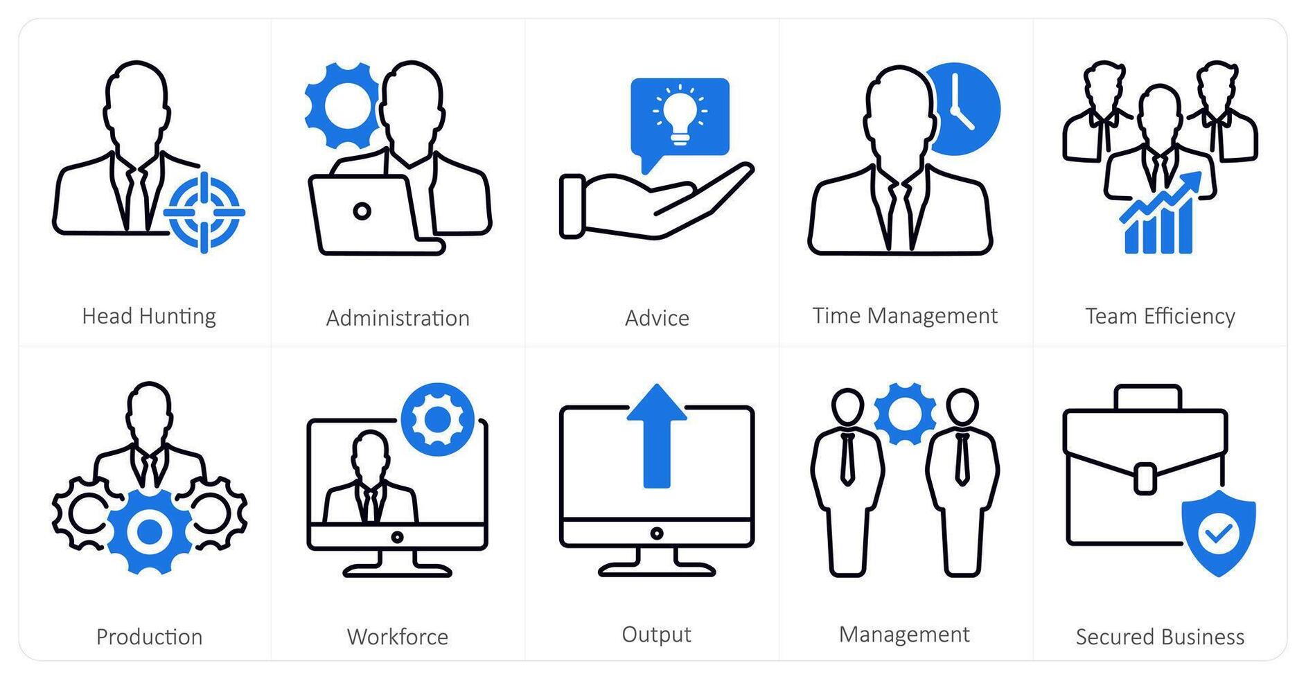 A set of 10 mix icons as head hunting, administration, advice vector