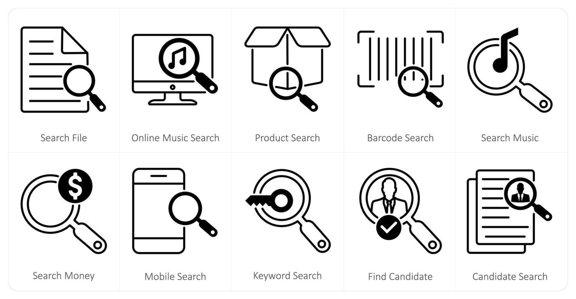 A set of 10 mix icons as search file, online music search, product search vector