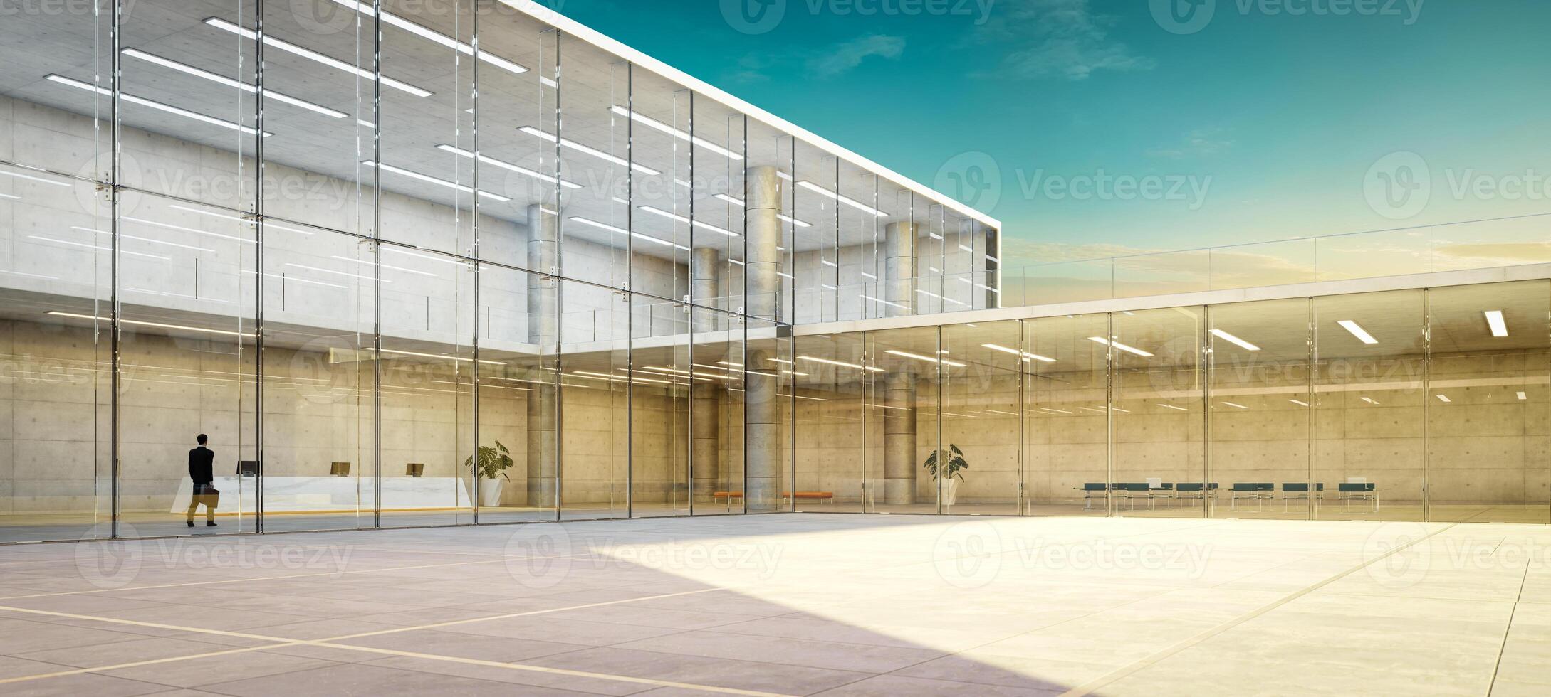 3D Modern office building exterior at sunset photo
