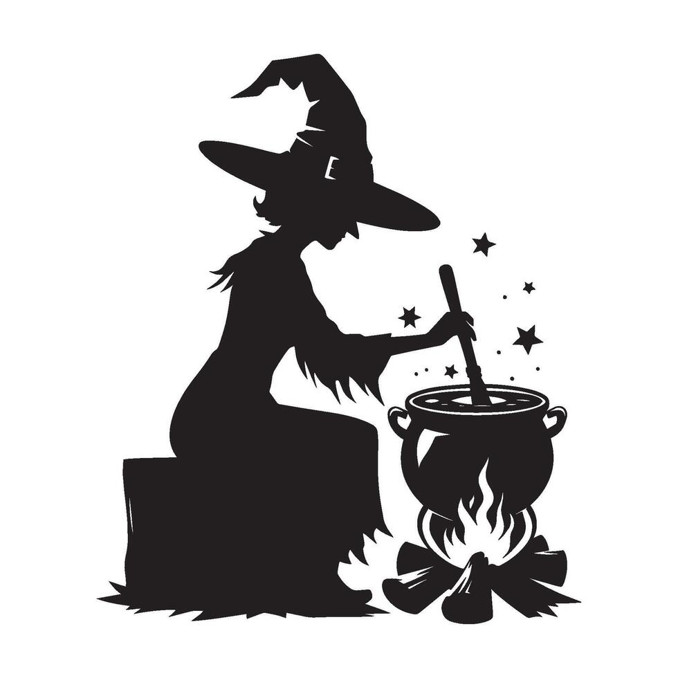 Halloween witch silhouette with broomstick, hats and magic pot illustration isolated on white background vector