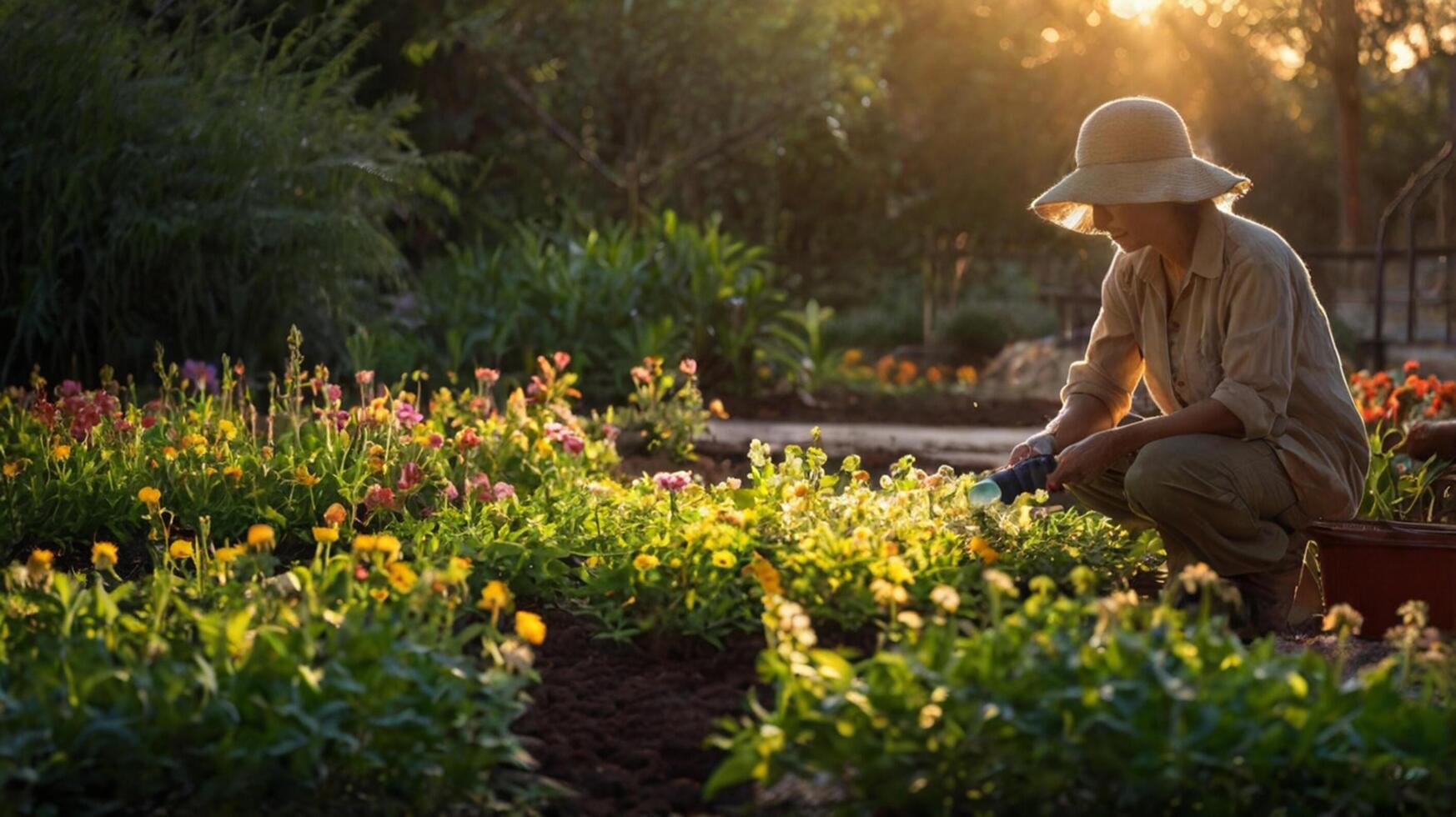 gardeners who are cultivating crops in the garden behind the house photo