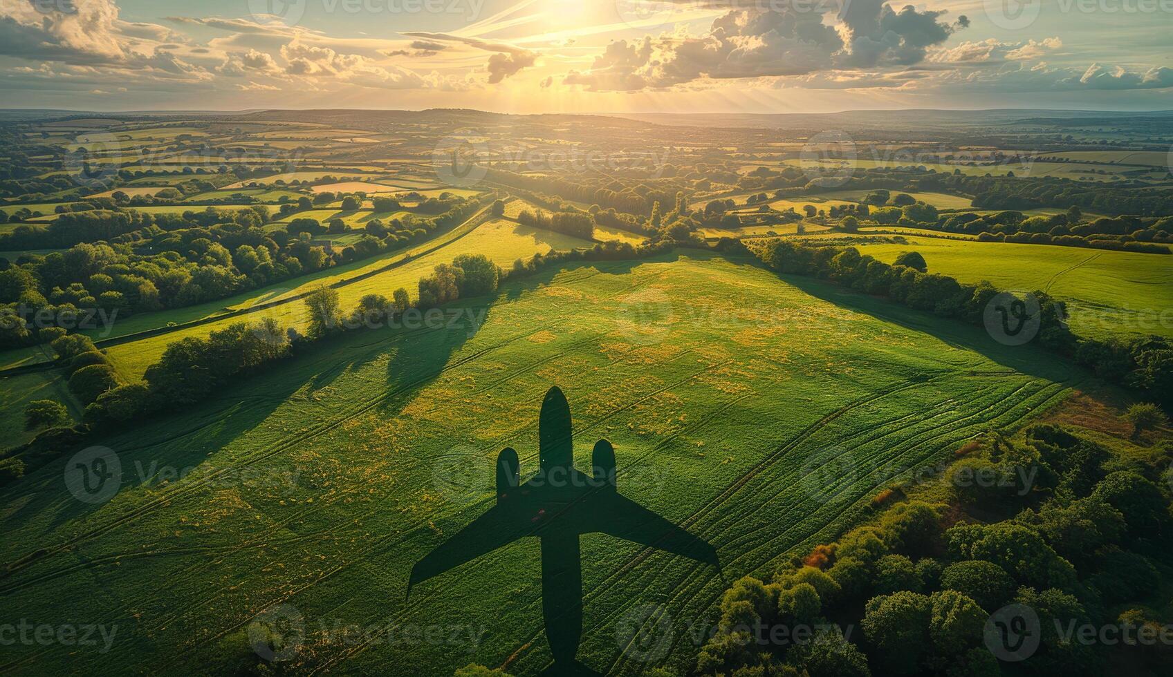 A plane is flying over a field of green grass. Concept of freedom and adventure, as the plane soars through the open sky above the vast photo