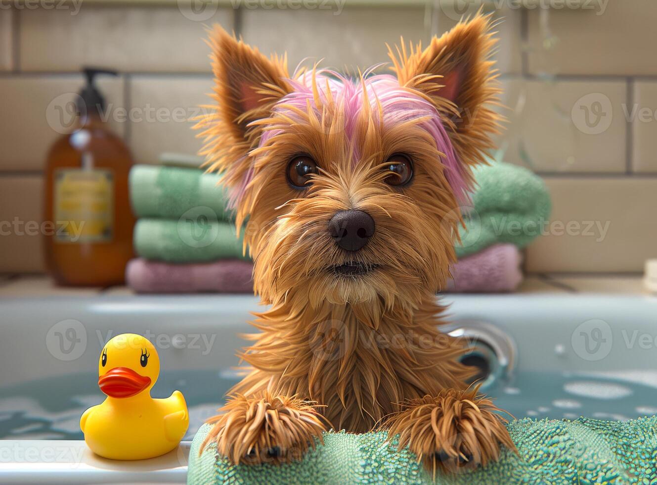 A dog with pink hair is in a bathtub with a rubber duck. The dog is looking at the camera photo