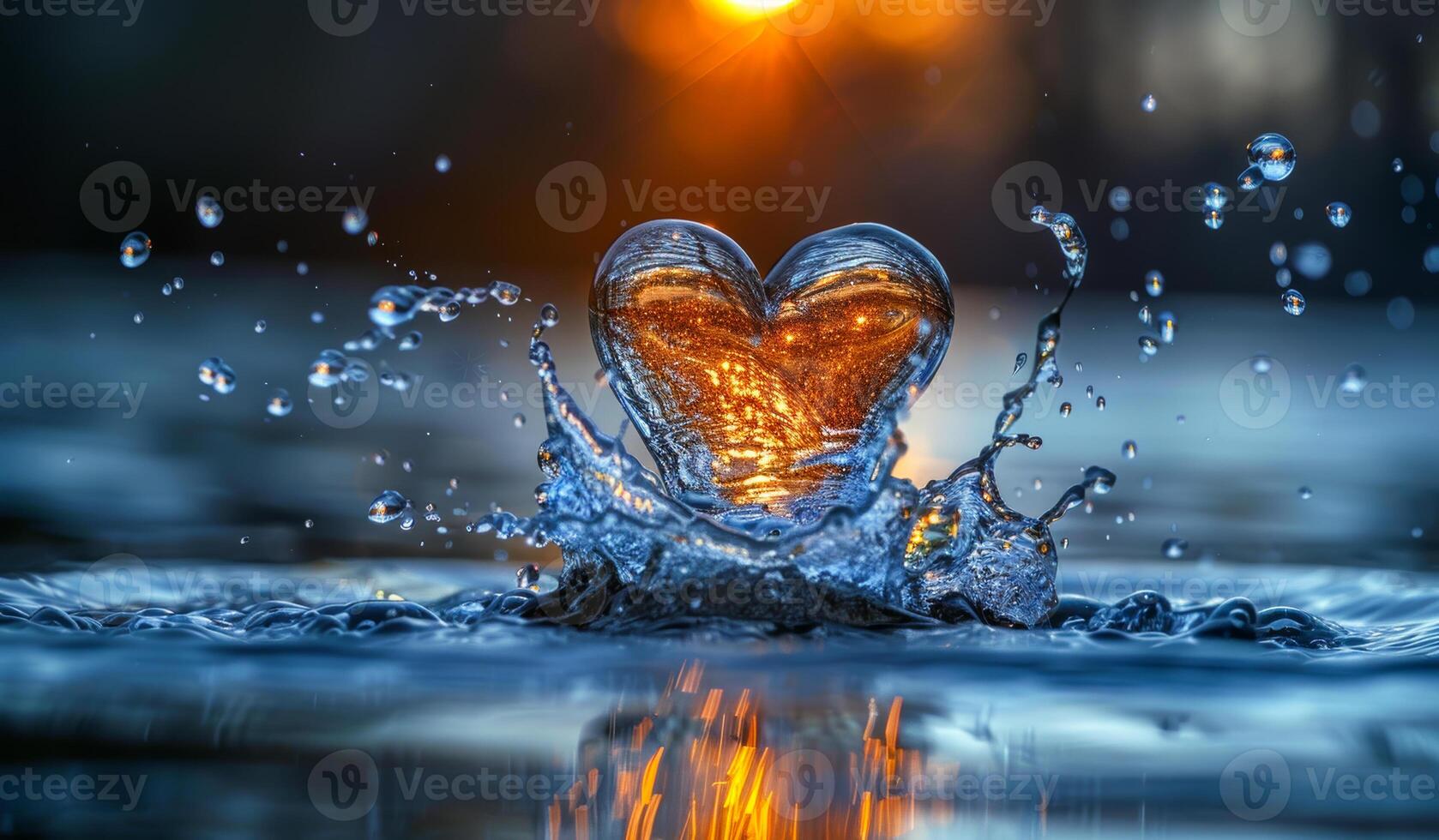 A heart is floating in a body of water, surrounded by splashes of water. Concept of love and the beauty of nature photo