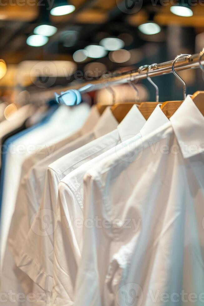 A rack of white clothes hanging in a store. The clothes are neatly folded and hanging on hangers. photo