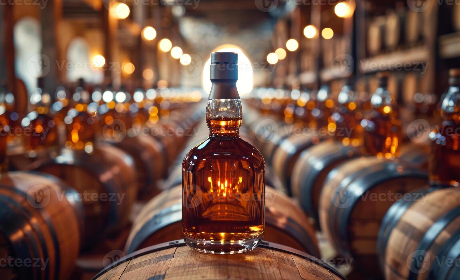 A bottle of liquor is displayed in a row of barrels. Concept of abundance and luxury photo