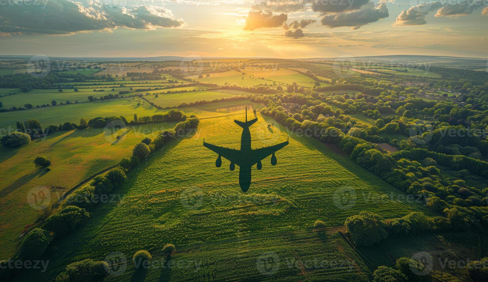 A plane is flying over a field of green grass. The sky is cloudy and the sun is setting photo