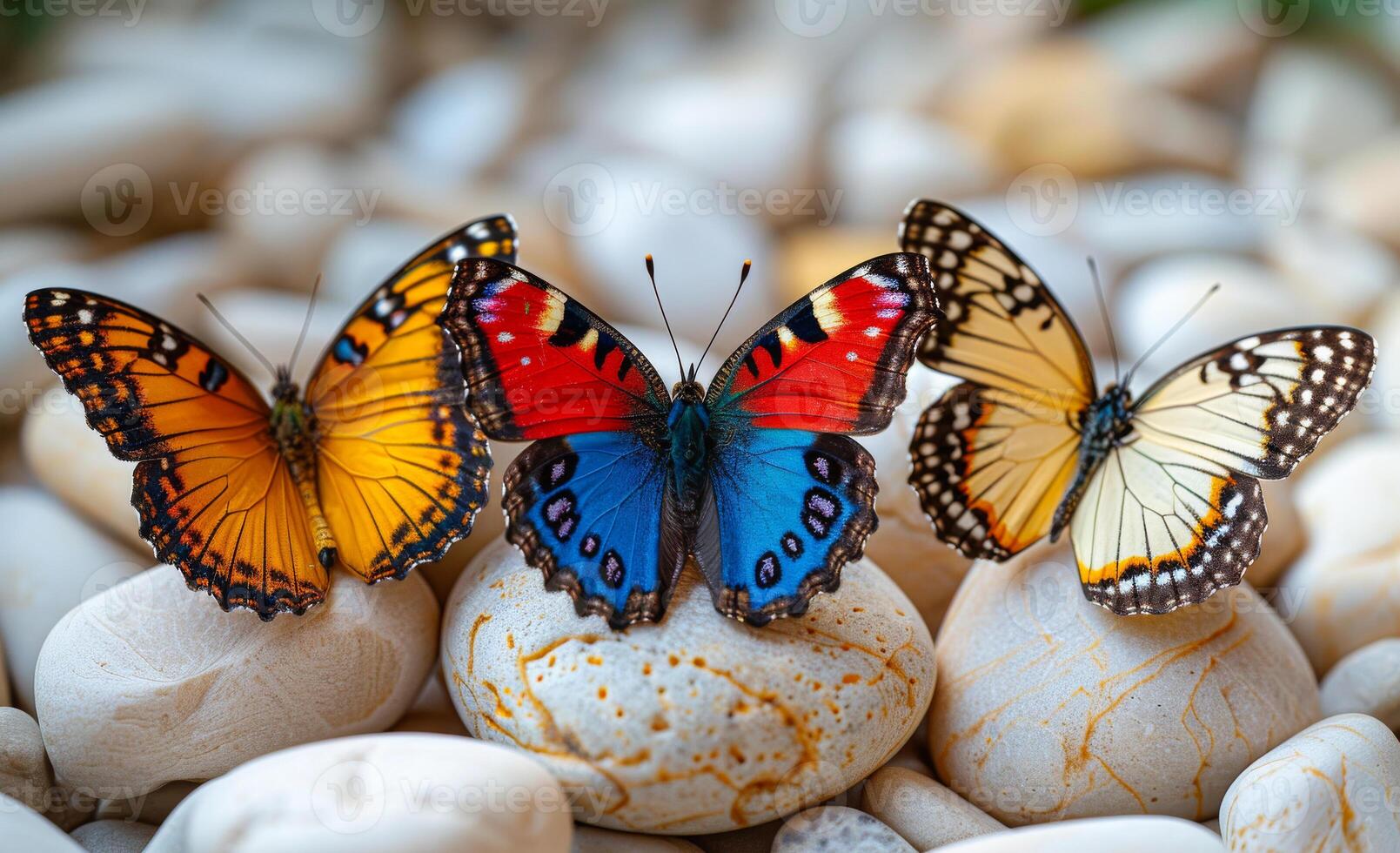 Three butterflies are sitting on a rock, with one being blue photo