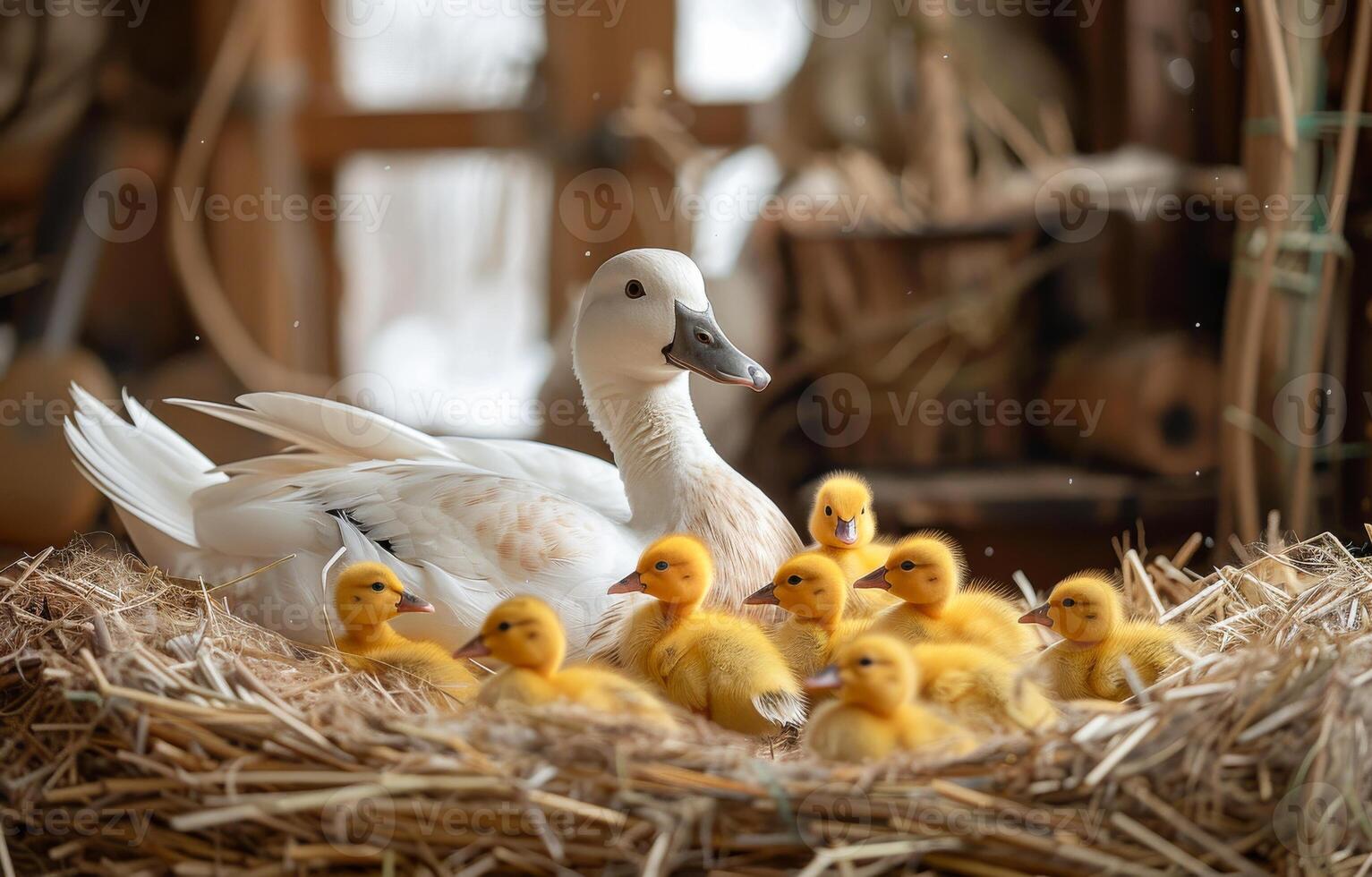 A mother duck and her ducklings are sitting in a nest made of straw photo