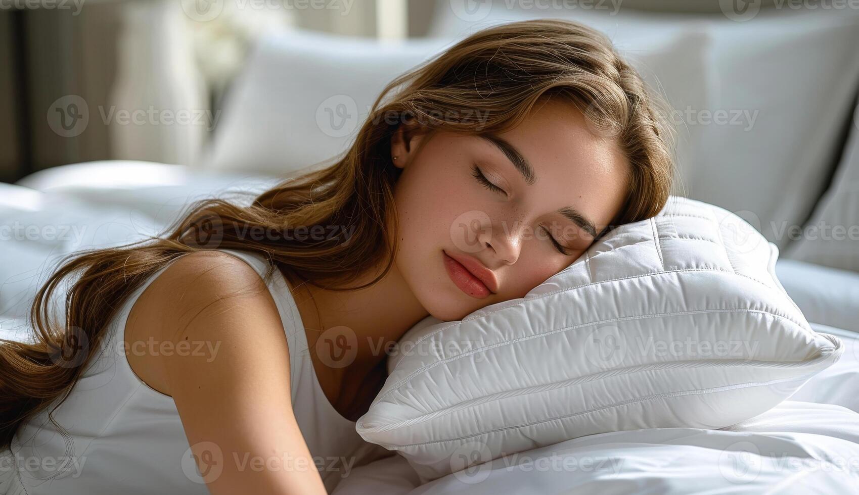 A woman is sleeping on a bed with a white pillow. She has her eyes closed and her mouth slightly open. Concept of relaxation and comfort photo